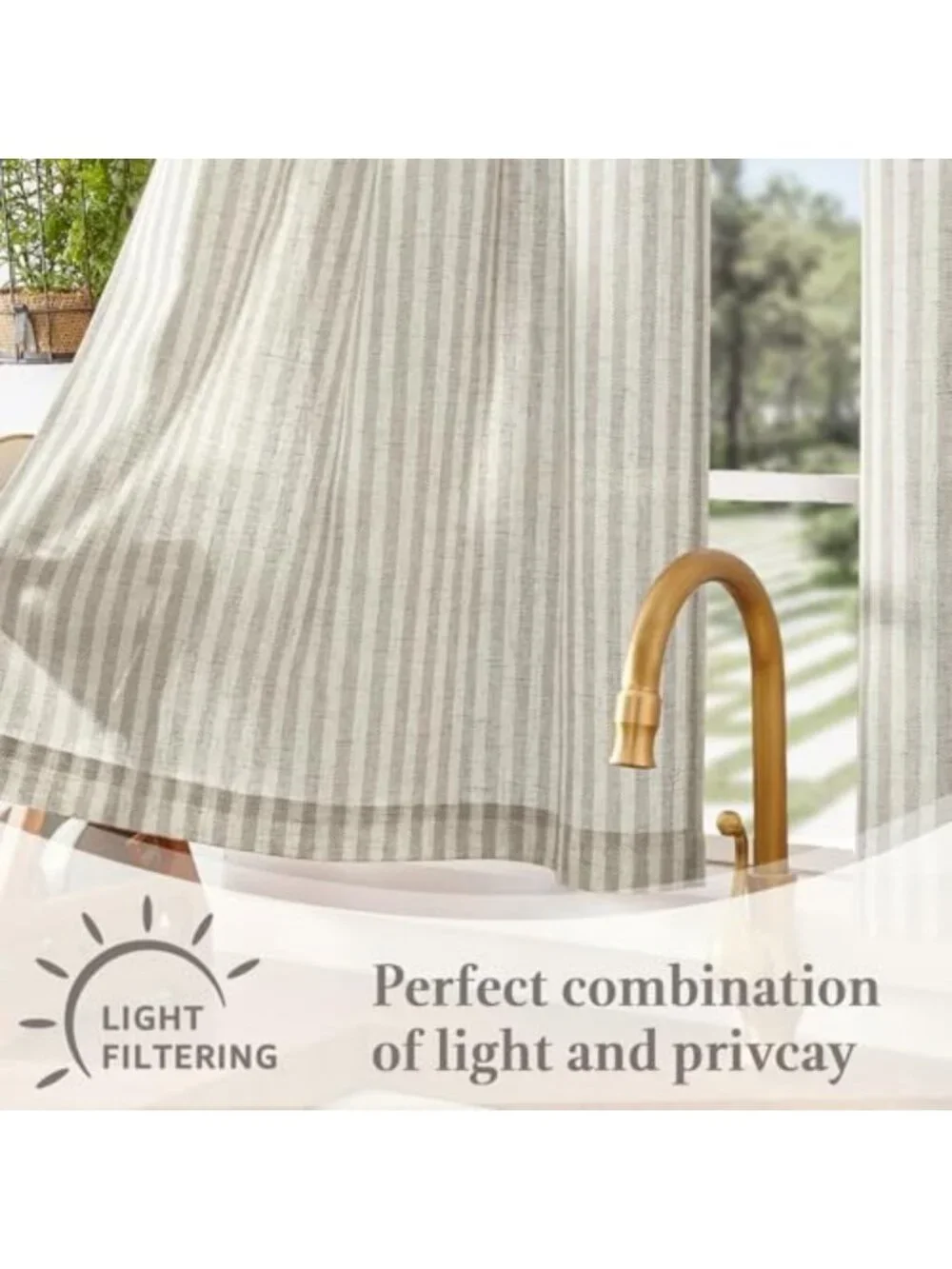 Striped Linen Kitchen Tier Curtains - 20 Inch, Taupe Grey, 2 Panels for Home